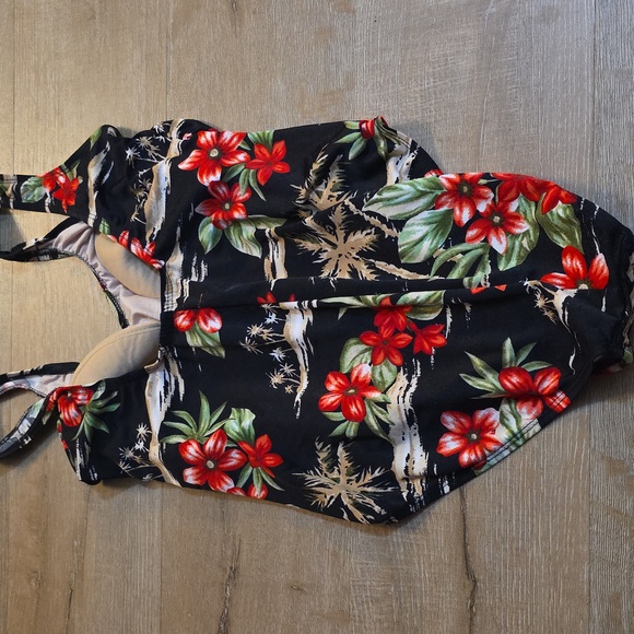 Floral Black and Red One-Piece Swimsuit - Picture 2 of 8